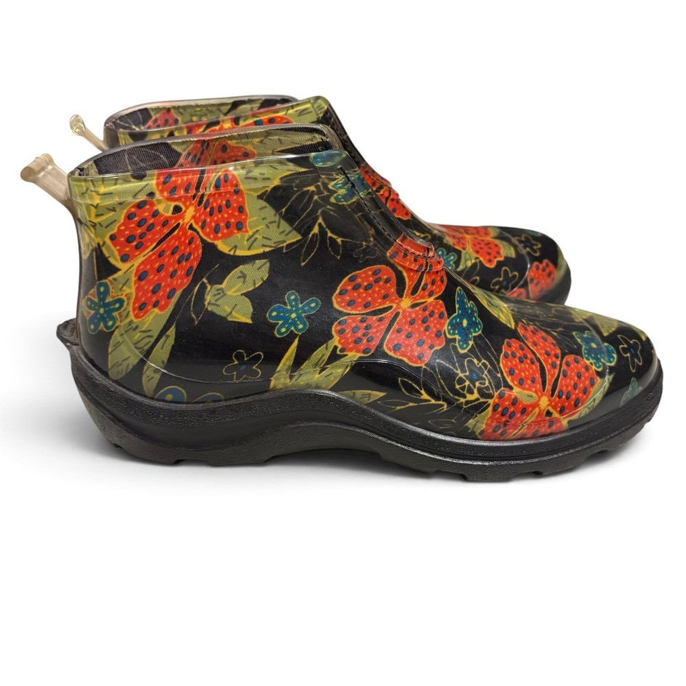 Sloggers Womens Ankle Rain Boots Floral Black Waterproof Garden Shoes Size 9